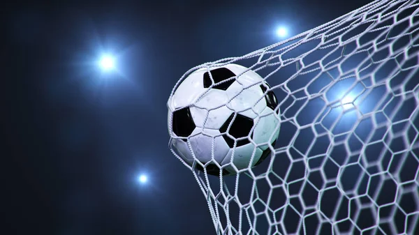 Bola de fútbol voló en el gol. Pelota de fútbol dobla la red, sobre el fondo de destellos de luz. Balón de fútbol en la red de gol sobre fondo azul. Un momento de placer. Ilustración 3D —  Fotos de Stock