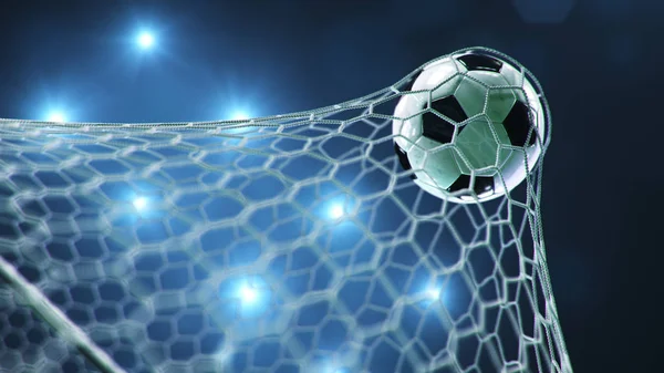 Voetbal vloog in het doel. Voetbal buigt het net, tegen de achtergrond van flitsen van licht. Voetbal in doelnet op blauwe achtergrond. Een moment van vreugde. 3d illustratie — Stockfoto