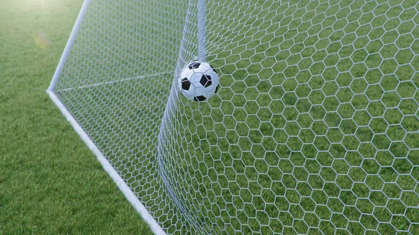 Ilustração 3D bola de futebol voou para o gol. Bola de futebol dobra a rede, contra o fundo da grama. Bola de futebol em gol net no fundo grama. Um momento de prazer — Fotografia de Stock