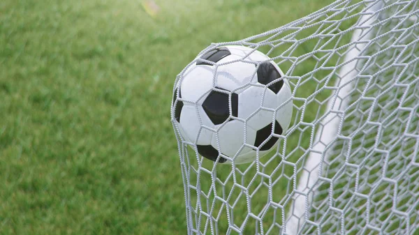 3D illustration Soccer ball flew into the goal. Soccer ball bends the net, against the background of grass. Soccer ball in goal net on grass background. A moment of delight