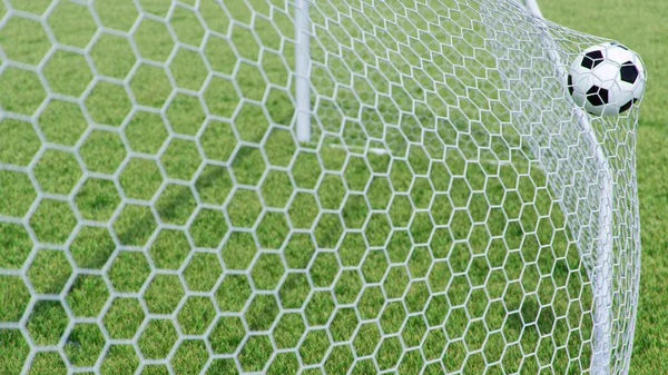 3D illüstrasyon futbol topu kaleye uçtu. Futbol topu, çimin arka planına karşı ağı büker. Futbol topu çim arka planda gol ağında. Bir anlık zevk. — Stok fotoğraf