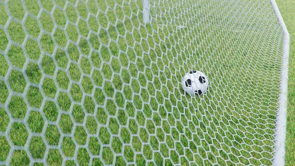 Ilustração 3D bola de futebol voou para o gol. Bola de futebol dobra a rede, contra o fundo da grama. Bola de futebol em gol net no fundo grama. Um momento de prazer — Fotografia de Stock