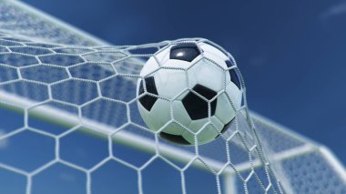 3D illüstrasyon futbol topu kaleye uçtu. Futbol topu ağı büker, mavi gökyüzünün arka planına karşı. Gökyüzü arka planında gol ağındaki futbol topu. Zevk anı.