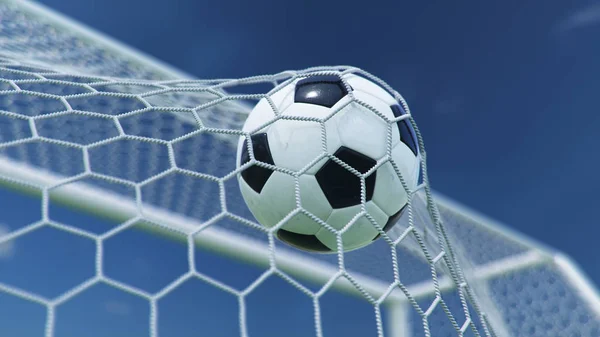 三维插图足球飞进了球门。 足球在蓝天的背景下,使网弯着. 足球在漂亮的天空背景下的进球网. 快乐的时刻 — 图库照片