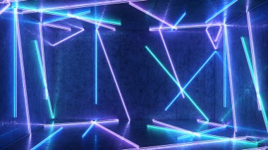 Mavi ve pembe neon ışıklı soyut bir iç mekan. Floresan lamba. Gelecekçi mimari geçmişi. 3D illüstrasyon neon lambaları, iç mekanı aydınlatır. Tasarım projeniz için bir model
