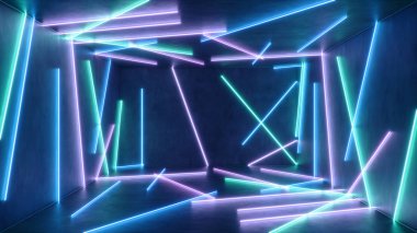 Mavi ve pembe neon ışıklı soyut bir iç mekan. Floresan lamba. Gelecekçi mimari geçmişi. 3D illüstrasyon neon lambaları, iç mekanı aydınlatır. Tasarım projeniz için bir model