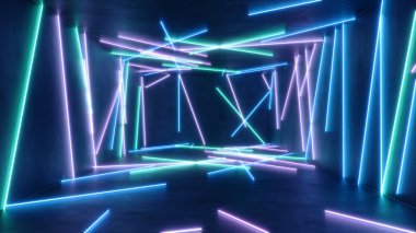 Mavi ve pembe neon ışıklı soyut bir iç mekan. Floresan lamba. Gelecekçi mimari geçmişi. 3D illüstrasyon neon lambaları, iç mekanı aydınlatır. Tasarım projeniz için bir model