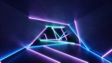 Mavi ve pembe neon ışıklı soyut bir iç mekan. Floresan lamba. Gelecekçi mimari geçmişi. 3D illüstrasyon neon lambaları, iç mekanı aydınlatır. Tasarım projeniz için bir model