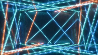 Neon ışıklı, soyut mavi ve kırmızı iç mekan. Floresan lamba. Gelecekçi mimari geçmişi. İç uzayı aydınlatan neon lambaların 3 boyutlu çizimi. Tasarım projeniz için bir model