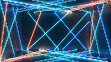 Neon ışıklı, soyut mavi ve kırmızı iç mekan. Floresan lamba. Gelecekçi mimari geçmişi. İç uzayı aydınlatan neon lambaların 3 boyutlu çizimi. Tasarım projeniz için bir model