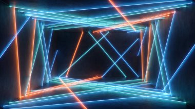 Neon ışıklı, soyut mavi ve kırmızı iç mekan. Floresan lamba. Gelecekçi mimari geçmişi. İç uzayı aydınlatan neon lambaların 3 boyutlu çizimi. Tasarım projeniz için bir model
