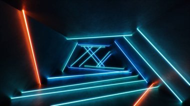 Neon ışıklı, soyut mavi ve kırmızı iç mekan. Floresan lamba. Gelecekçi mimari geçmişi. İç uzayı aydınlatan neon lambaların 3 boyutlu çizimi. Tasarım projeniz için bir model