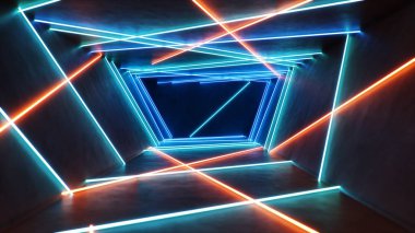 Neon ışıklı, soyut mavi ve kırmızı iç mekan. Floresan lamba. Gelecekçi mimari geçmişi. İç uzayı aydınlatan neon lambaların 3 boyutlu çizimi. Tasarım projeniz için bir model