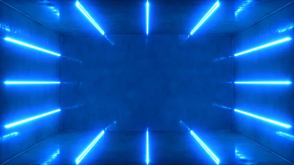 Interior o pasillo azul abstracto con luz de neón. Una lámpara fluorescente. Fondo de arquitectura futurista. 3d ilustración de lámparas de neón que iluminan el espacio interior. Simulación para su proyecto de diseño — Foto de Stock
