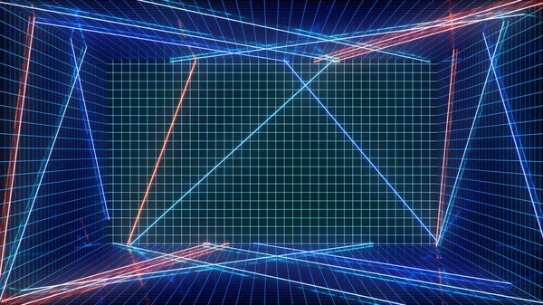 ネオンライト付きの抽象的な青と赤のインテリア。蛍光灯だ未来建築の背景。内部空間を照らすネオンランプの3Dイラスト。デザインプロジェクトのモックアップ — ストック写真