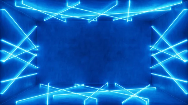 ネオンライト付きの抽象的な青のインテリアや廊下。蛍光灯だ未来建築の背景。内部空間を照らすネオンランプの3Dイラスト。デザインプロジェクトのモックアップ — ストック写真