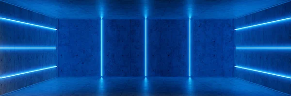 Abstract blue interior or corridor with neon light. Fluorescent lamp. Futuristic architecture background. 3d illustration of neon lamps that illuminate interior space. Mock-up for your design project — 스톡 사진