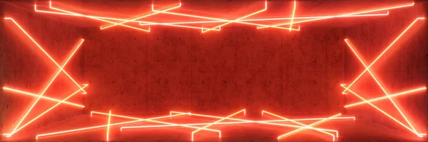 ネオンライト付きの抽象的な赤のインテリアや廊下。蛍光灯だ未来建築の背景。内部空間を照らすネオンランプの3Dイラスト。デザインプロジェクトのモックアップ — ストック写真