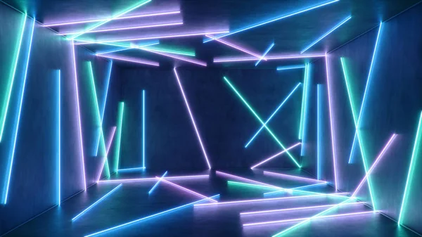 Mavi ve pembe neon ışıklı soyut bir iç mekan. Floresan lamba. Gelecekçi mimari geçmişi. 3D illüstrasyon neon lambaları, iç mekanı aydınlatır. Tasarım projeniz için bir model