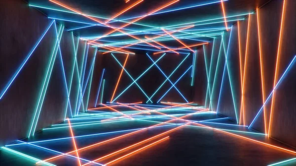 Neon ışıklı, soyut mavi ve kırmızı iç mekan. Floresan lamba. Gelecekçi mimari geçmişi. İç uzayı aydınlatan neon lambaların 3 boyutlu çizimi. Tasarım projeniz için bir model