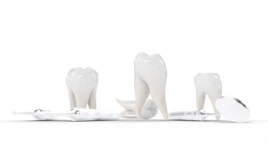 Beyaz arka planda izole edilmiş sağlıklı dişler. Diş aletli dişler. Diş fırçası, bakım ve bakım kavramı. Ağız bakımı. Diş beyazlatma. 3d illüstrasyon