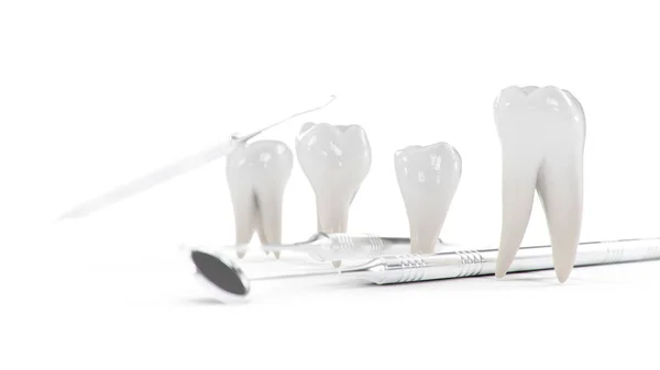 Zdrowe zęby Izolowane na białym tle. Zęby z narzędziami dentystycznymi. Pojęcie szczoteczki do zębów, pielęgnacji i ochrony przed próchnicą. Opieka oralna. Wybielanie zębów. Ilustracja 3D — Zdjęcie stockowe