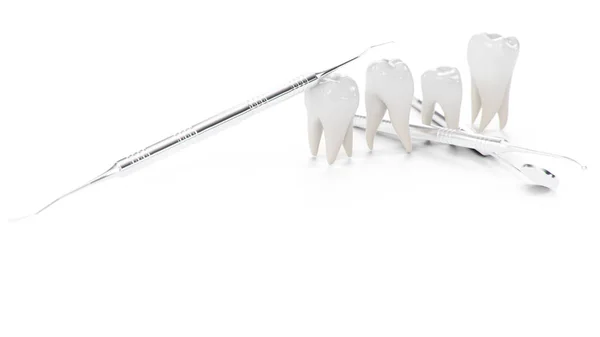 Gesunde Zähne isoliert auf weißem Hintergrund. Zähne mit Zahnwerkzeugen. Konzept der Zahnbürste, Pflege und Schutz vor Karies. Mundpflege. Zahnaufhellung. 3D-Illustration — Stockfoto