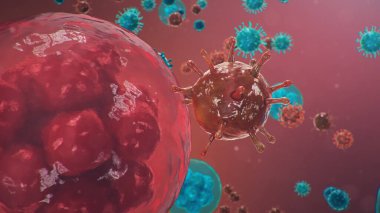 Coronavirus ya da Covid-19 olarak adlandırılan Çin patojeni bir grip türüdür. Koronavirüs salgını, insan hücreleri, virüs hücreleri enfekte eder. Salgın, atipik zatürree, 3 boyutlu illüstrasyon kavramı