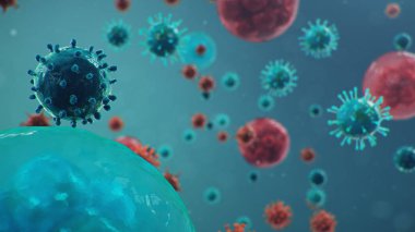 Çin gribi salgını - Coronavirus ya da 2019-nCoV adı verilen salgın tüm dünyaya yayıldı. Salgın hastalık tehlikesi, insanlık salgını. İnsan hücreleri, virüs hücreleri enfekte eder, 3 boyutlu resimleme