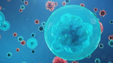 Mikroskop altında 3 boyutlu illüstrasyon Coronavirus kavramı. İnsan hücreleri, virüs hücreleri enfekte eder. Salgın, salgın solunum yolunu etkiliyor. Ölümcül viral enfeksiyon