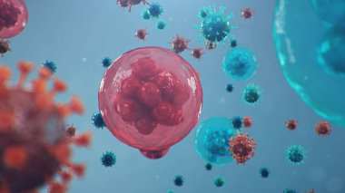 Koronavirüs salgını, grip virüsü ve 2019-NCov. İnsan hücreleri, virüs hücreleri enfekte eder. COVID-19 mikroskop altında, patojen solunum sistemini etkiliyor, 3 boyutlu illüstrasyon