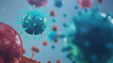 Coronavirus ya da Covid-19 olarak adlandırılan Çin patojeni bir grip türüdür. Koronavirüs salgını, insan hücreleri, virüs hücreleri enfekte eder. Salgın, atipik zatürree, 3 boyutlu illüstrasyon kavramı
