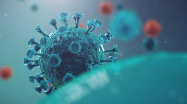 Çin gribi salgını - Coronavirus ya da 2019-nCoV adı verilen salgın tüm dünyaya yayıldı. Salgın hastalık tehlikesi, insanlık salgını. İnsan hücreleri, virüs hücreleri enfekte eder, 3 boyutlu resimleme