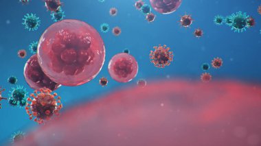Coronavirüs salgını. Patojen solunum yolunu etkiliyor. COVID-19 enfeksiyonu. Salgın, viral enfeksiyon kavramı. Coronavirus bir insanın içinde. İnsan hücreleri, virüs hücreleri enfekte eder, 3 boyutlu illüstrasyon