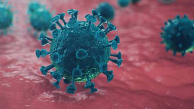 Mikroskop altında 3 boyutlu illüstrasyon Coronavirus kavramı. Virüsün insan vücuduna yayılması. Salgın, salgın solunum yolunu etkiliyor. Ölümcül viral enfeksiyon