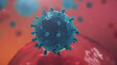 Koronavirüs salgını, grip virüsü ve 2019-NCov. İnsan hücreleri, virüs hücreleri enfekte eder. COVID-19 mikroskop altında, patojen solunum sistemini etkiliyor, 3 boyutlu illüstrasyon