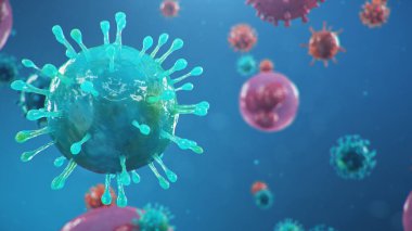 Koronavirüs salgını, grip virüsü ve 2019-NCov. İnsan hücreleri, virüs hücreleri enfekte eder. COVID-19 mikroskop altında, patojen solunum sistemini etkiliyor. 3d illüstrasyon