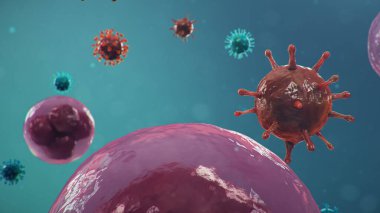 Coronavirus ya da Covid-19 olarak adlandırılan Çin patojeni bir grip türüdür. Koronavirüs salgını, insan hücreleri, virüs hücreleri enfekte eder. Pandemik konsept, atipik zatürree. 3B illüstrasyon