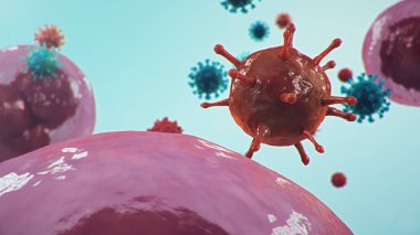 Mikroskop altında 3 boyutlu illüstrasyon Coronavirus kavramı. İnsan hücreleri, virüs hücreleri enfekte eder. Salgın, salgın solunum yolunu etkiliyor. Ölümcül viral enfeksiyon