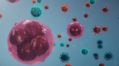 Coronavirus ya da Covid-19 olarak adlandırılan Çin patojeni bir grip türüdür. Koronavirüs salgını, insan hücreleri, virüs hücreleri enfekte eder. Pandemik konsept, atipik zatürree. 3B illüstrasyon