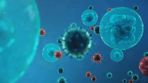 3Dイラスト顕微鏡下でコロナウイルスの概念 ヒト細胞ウイルスは細胞に感染する 感染症 呼吸器系に影響を与えるパンデミック 致命的なウイルス感染 — ストック写真