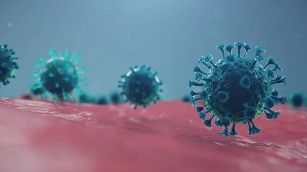 Outbreak of coronavirus, flu virus and 2019-nCov. Concept of a pandemic, epidemic for human cells. COVID-19 under the microscope, pathogen affecting the respiratory system, 3d illustration