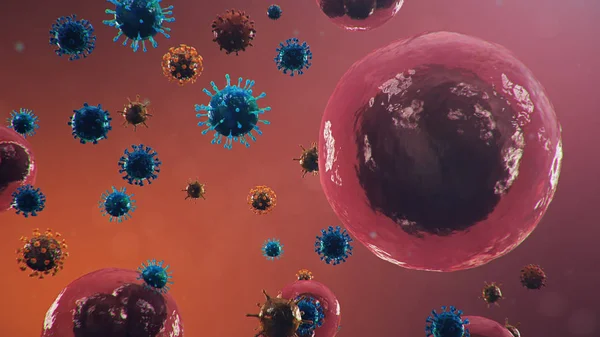 コロナウイルスの発生 呼吸器系に影響を与える病原体 Covid 19感染症 パンデミック ウイルス感染の概念 人間の中のコロナウイルス ヒト細胞 ウイルス感染細胞 3Dイラスト — ストック写真