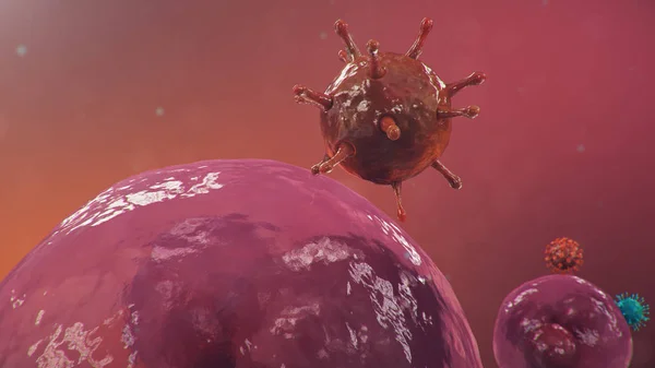 Outbreak of coronavirus, flu virus and 2019-nCov. Human cells, the virus infects cells. COVID-19 under the microscope, pathogen affecting the respiratory system, 3d illustration