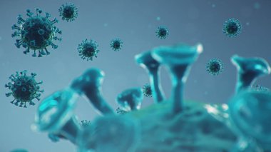 Mikroskop altında 3 boyutlu illüstrasyon Coronavirus kavramı. Virüsün insan vücuduna yayılması. Salgın, salgın solunum yolunu etkiliyor. Ölümcül viral enfeksiyon.