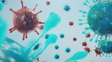 Mikroskop altında 3 boyutlu illüstrasyon Coronavirus kavramı. Virüsün insan vücuduna yayılması. Salgın, salgın solunum yolunu etkiliyor. Ölümcül viral enfeksiyon.