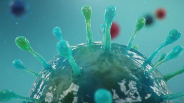 Koronavirüs salgını, grip virüsü ve 2019-NCov. Salgın hastalık kavramı, insan hücreleri için salgın. COVID-19 mikroskop altında, patojen solunum sistemini etkiliyor. 3d illüstrasyon