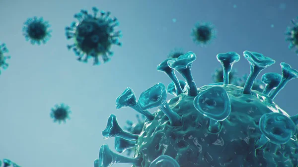 Outbreak of coronavirus, flu virus and 2019-nCov. Concept of a pandemic, epidemic for human cells. COVID-19 under the microscope, pathogen affecting the respiratory system. 3d illustration