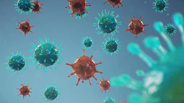 Outbreak of Chinese influenza - called a Coronavirus or 2019-nCoV, which has spread around the world. Danger of a pandemic, epidemic of humanity. Close-up virus under the microscope. 3d illustration