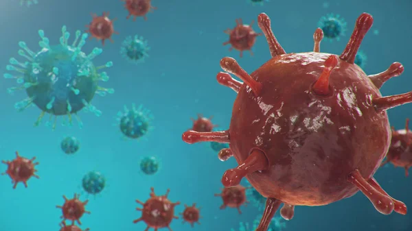 Chinese pathogen called Coronavirus or Covid-19, as a type of flu. Outbreak of coronavirus, which leads to death. Concept of a pandemic that infects the lungs, i.e. atypical pneumonia. 3D illustration